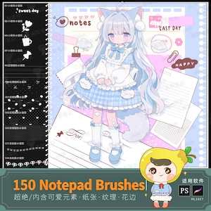 Pode incluir: Um conjunto de pincéis para bloco de notas digital apresentando um personagem estilo anime com longos cabelos azul-claros e orelhas de gato, vestindo um vestido azul e branco. O fundo inclui modelos de papel, notas e elementos decorativos.