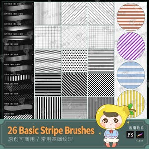 Pode incluir: Uma coleção digital de 26 pincéis de listras básicos para software de design gráfico, apresentando uma variedade de padrões em preto e branco, incluindo grades, pontos e linhas diagonais, ao lado de quatro amostras circulares em marrom, roxo, azul e amarelo.