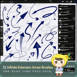 Op de afbeelding: Digitale illustratie met verschillende blauwe pijlpenselen, waaronder effen, gestippelde en gebogen ontwerpen. De afbeelding bevat de tekst "52 Infinite Extension Arrow Brushes" en een cartoonfiguur.