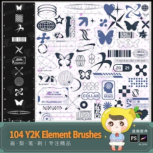 Può includere: Una collezione digitale di 104 pennelli di elementi Y2K con icone grafiche blu scuro su uno sfondo chiaro con punti rosa. Il set include farfalle, globi, stelle, codici a barre, cuori, forme astratte e testo come Y2K, COLLAB e MIND.