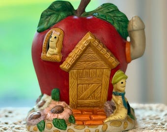 Whimsical Apple House Lamp, Ceramic Cottagecore Fairy Garden Light, Worm Decor (As-Is)