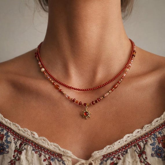 Red Agate Beaded Necklace • Sun Pendant Necklace •  Beaded Stone Necklace • Natural Agate Stone Choker • Boho Celestial Necklace