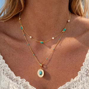 Layered Turquoise Necklace Set • Gold Beaded Turquoise Pendant • Pearl Choker Necklace • Boho Summer Jewelry