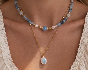 Aquamarijn kralenketting met zoetwaterparel • 22K vergulde kralenketting • Gelaagde blauwe edelsteenketting • Minimalistische ketting