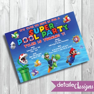 SUPER MARIO BROS Pool Party Invitation, Birthday, Kid&#39;s Party, Baby Shower - Digital Download