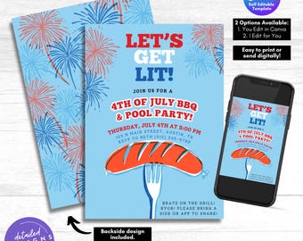 4th of July BBQ Pool Party Invitation: Editable Patriotic Design (Digital Download)