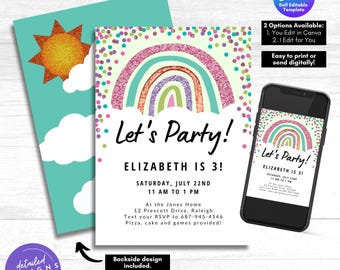 Rainbow Birthday Invitation: Editable Kids Party Template (Digital Download)