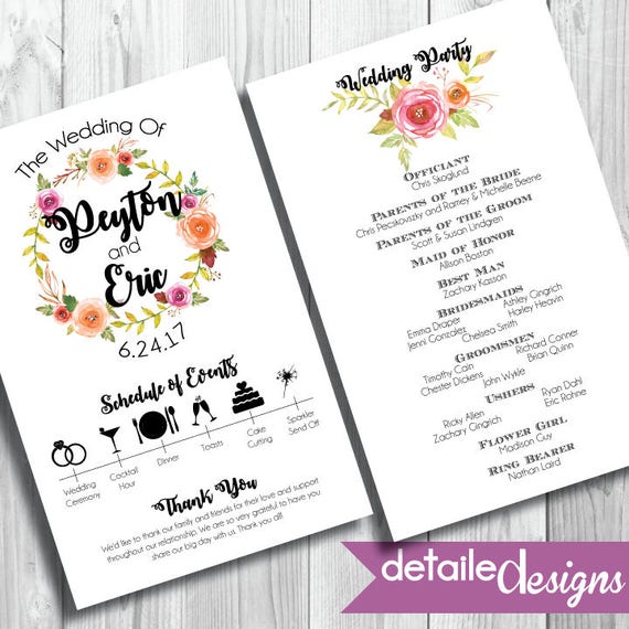 Watercolor Flower Wedding Program Wedding Rehearsal Dinner Etsy