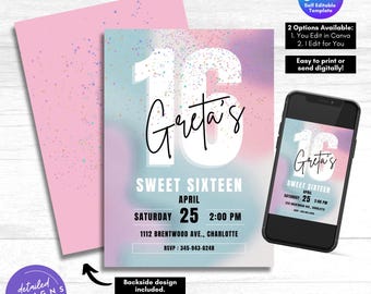 Glitter Pastel Sweet 16 Invitation: Editable Birthday Template (Digital Download)