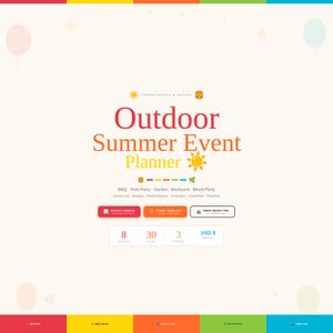 Puede incluir: Planificador digital de eventos de verano al aire libre con el texto "Outdoor Summer Event Planner" en rojo y naranja. Incluye secciones para barbacoa, fiesta en la piscina y actividades. Plantilla Canva y opción Google Sheets.