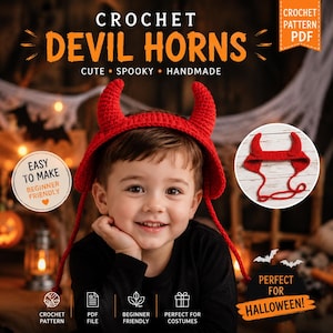 May include: A red crochet devil horn headpiece with two pointed horns and long ties. The image includes text: CROCHET DEVIL HORNS, CUTE SPOOKY HANDMADE, EASY TO MAKE BEGINNER FRIENDLY, CROCHET PATTERN PDF, BEGINNER FRIENDLY, PERFECT FOR COSTUMES, PERFECT FOR HALLOWEEN.