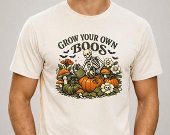 Halloween Shirt Grow Your Own Boos, Skeleton Pumpkin Shirt, Cottagecore Fall Tee, Vintage Botanical Graphic, Witchy Autumn Gift