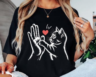 Cat Lover Shirt, Human Feline Bond, Cat Mom Gift, Minimal Line Drawing