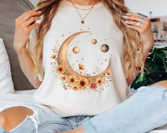 Boho Crescent Moon Shirt, Celestial Floral Graphic Tee, Cottagecore,Phase Top