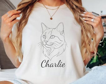 Custom Cat Portrait Shirt, Minimal Line Art Pet Lover Gift, Personalized Kitten Tee