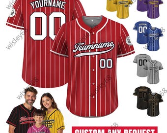 Camiseta de béisbol personalizada roja y blanca estampada con nombre, número y nombre del equipo, camiseta para hombres, mujeres y jóvenes, camiseta personalizada a rayas con botones.