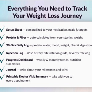 May include: A weight loss tracker with a white background and a list of features, including a setup sheet, protein & fiber tracking, a 90-day daily log, an injection log, a progress dashboard, a journal, and a doctor visit summary.