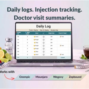 May include: A laptop displays a "Daily Log" with data tracking. A vial labeled "GLP-1", fruit, a measuring tape, and a cup of tea are arranged around the laptop. Text reads "Daily logs. Injection tracking. Doctor visit summaries."