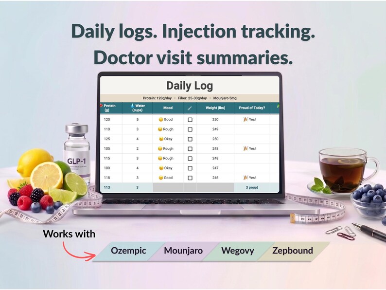 May include: A laptop displays a "Daily Log" with data tracking. A vial labeled "GLP-1", fruit, a measuring tape, and a cup of tea are arranged around the laptop. Text reads "Daily logs. Injection tracking. Doctor visit summaries."