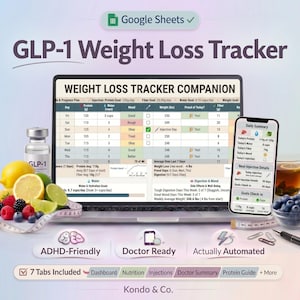 May include: A laptop screen displays a weight loss tracker with data tables and charts. A smartphone shows a daily summary. The image includes a GLP-1 vial, fruit, and the text "GLP-1 Weight Loss Tracker." The tracker is ADHD-friendly and doctor-ready.