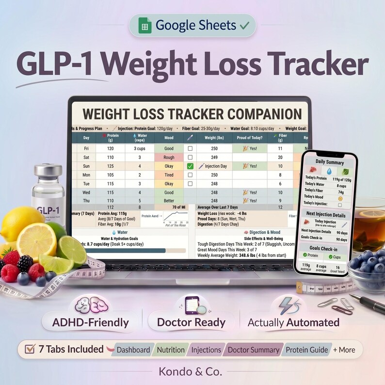 May include: A laptop screen displays a weight loss tracker with data tables and charts. A smartphone shows a daily summary. The image includes a GLP-1 vial, fruit, and the text "GLP-1 Weight Loss Tracker." The tracker is ADHD-friendly and doctor-ready.