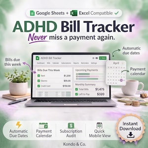 Feuille de calcul de suivi des factures budgétaires mensuelles pour le TDAH | Feuilles de calcul Google, Excel (téléchargement instantané)