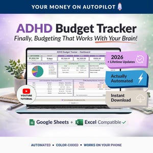 ADHD Budget Planner  (Sage-Lavender) | Google Sheets Template, Excel Compatible, Bill Tracker, Debt Payoff (Instant Download)