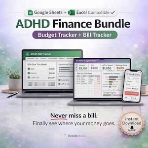 May include: An ADHD Finance Bundle graphic with the text "ADHD Finance Bundle Budget Tracker + Bill Tracker." The image shows a laptop, tablet, and smartphone displaying financial tracking software. The text "Never miss a bill" is also visible.