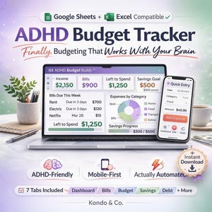 ADHD 向け予算トラッカー | Google スプレッドシート、Excel マネープランナー（ダウンロード不要） | 神経発達障害向けシンプル予算プランナー | ADHD 向け