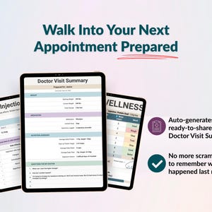 May include: Three tablets display medical information, including a doctor's visit summary and wellness data. The text "Walk Into Your Next Appointment Prepared" is at the top. Additional text includes "Auto-generates a ready-to-share Doctor Visit Summary."