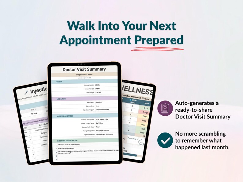 May include: Three tablets display medical information, including a doctor's visit summary and wellness data. The text "Walk Into Your Next Appointment Prepared" is at the top. Additional text includes "Auto-generates a ready-to-share Doctor Visit Summary."