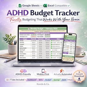 May include: A laptop and smartphone display an ADHD budget tracker. The screen shows a monthly budget with income, expenses, and savings goals. The text reads "ADHD Budget Tracker" and "Finally, Budgeting That Works With Your Brain."