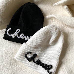 Black White Pearl Beaded Script Cursive Writing Knit Hat Beanie Winter