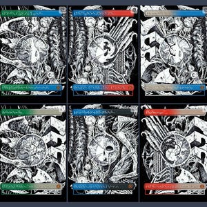 May include: A collection of ten rectangular trading cards featuring intricate black and white ink-style illustrations of skulls, skeletal structures, and abstract organic patterns. Each card includes a colored horizontal banner with text.