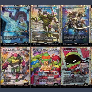 May include: A collection of ten trading cards featuring characters from the Teenage Mutant Ninja Turtles franchise. Each card has unique artwork and character names, including Leonardo, April O'Neil, and Shredder. The cards are in vibrant colors with detailed illustrations.