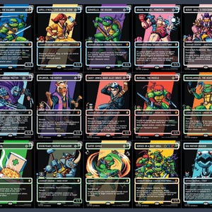 May include: A collection of fifteen trading cards featuring characters from the Teenage Mutant Ninja Turtles franchise. Each card has a unique illustration of characters like Leonardo, April O'Neil, and Shredder, with text and stats.