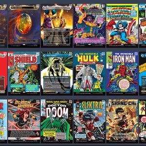 May include: A collection of eighteen rectangular trading cards featuring Marvel comic book cover art and character illustrations. Each card displays distinct artwork, including Thanos, Captain America, She-Hulk, Iron Man, Hulk, and Doctor Doom, with printed text.