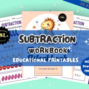 May include: A subtraction workbook featuring a cartoon dinosaur illustration on the cover. The educational printable includes pages with maths problems, fruit graphics, and the text "SUBTRACTION WORKBOOK," "EDUCATIONAL PRINTABLES," "TSL," "20 PAGES," and "THIS BOOK BELONGS TO."