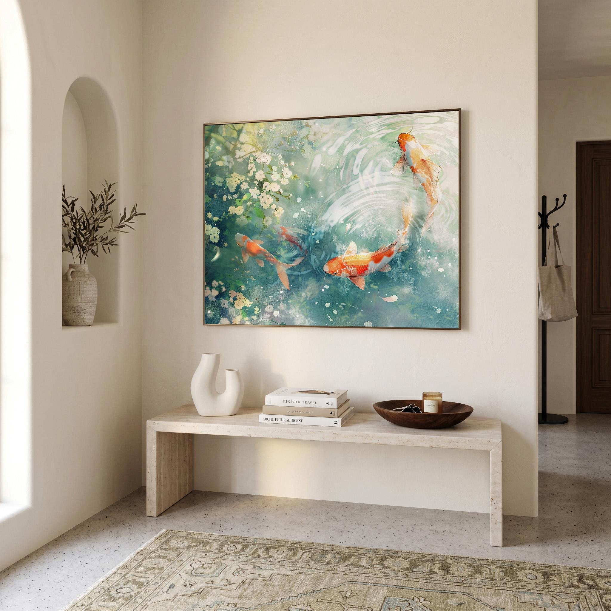 Japanese Koi Fish Wall Art Print, Zen Pond Painting Poster, Calming ...