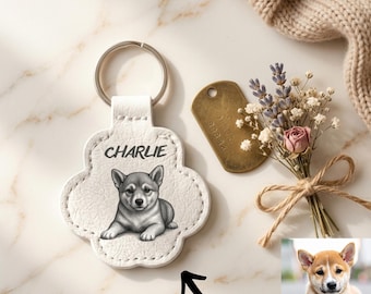 Portachiavi personalizzato con ritratto di animale domestico, in pelle vegana incisa a mano, ricordo per animali domestici.