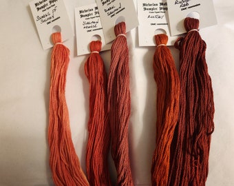 Salmon to Russet Rainbow, Over dyed floss, 5 skeins, 20 yards each