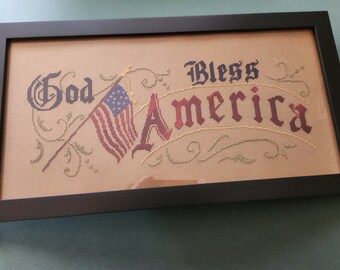 New,  STITCHED AND FRAMED!, God bless America Motto sampler on perforated paper as shown