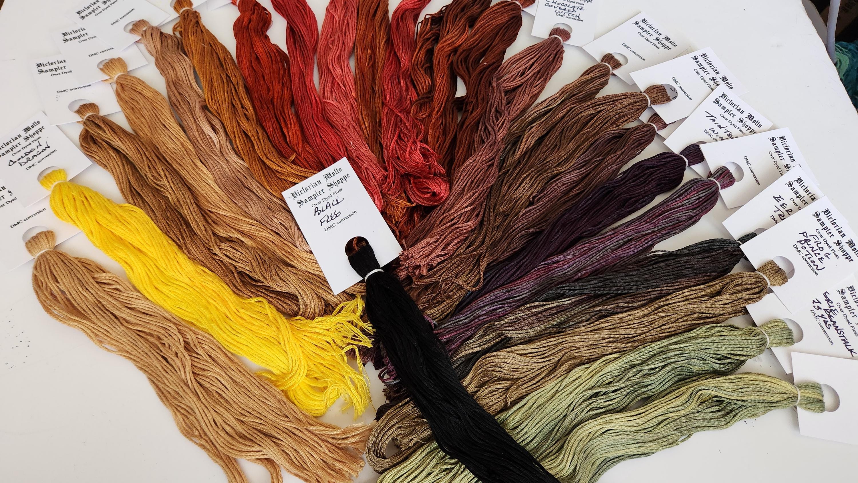 Halloween grab bag#13  from previous sets, 480 yards. Over dyed floss, 23 skeins, 20 yards each plus Black 20yds free.