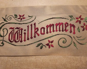 Motto sampler Kit, Willkommen, (Welcome) 9x18" punched paper KIT TO STITCH, Antique  Style