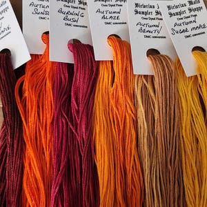 May include: A collection of colorful embroidery floss skeins in shades of red, orange, and yellow. Each skein is labeled with a name and DMC conversion. The colors range from deep burgundy to bright yellow, perfect for cross-stitch or embroidery projects.