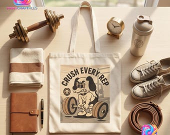 Bolso de gimnasio para perros, "Aplasta cada repetición", "Amante del fitness", Lona divertida para entrenar, Perro levantador de pesas, Bolso motivacional, Gimnasio divertido, Bolso para atletas, Deporte