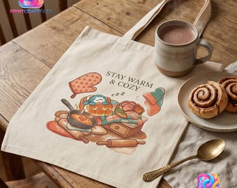 Bolso de mano cálido y acogedor, linda ilustración de repostería, arte de cocina kawaii, bolso de panadería estético, regalo para amantes de la comida, bolso de mano original, ambiente acogedor.
