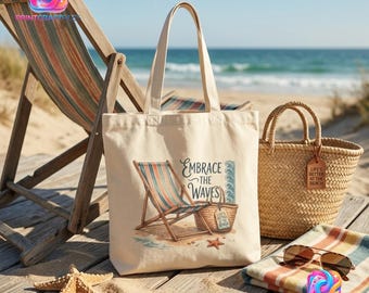 Bolso de playa, bolso "Abraza las olas", regalo de verano para la playa, la vida es mejor en la playa, bolso de decoración costera, bolso de lona para vacaciones, lindo diseño oceánico