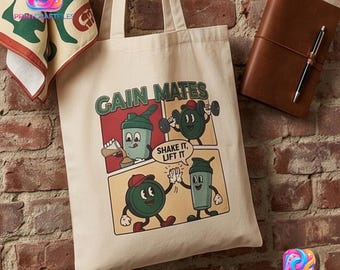 Bolso tote Gain Mates, compañero de gimnasio divertido, bolso de lona bonito para entrenar, bolso de fitness retro, regalo para adictos al gimnasio, bolso para levantamiento de pesas, bolso de proteínas divertido