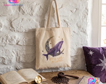 Bolso de mano con diseño de ballena espacial, decoración del océano celestial, regalo para amantes del café, arte cósmico de ballena, bolso galáctico, bolso celestial, vida marina mágica, regalo único
